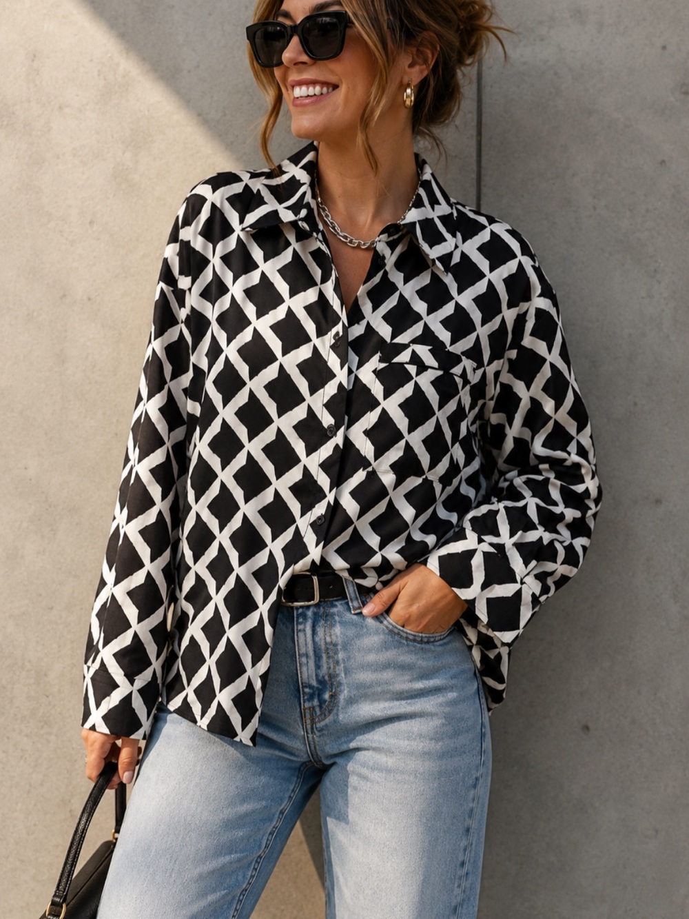 H&M Black White Geometric Button Up Blouse Oversized Lightweight Top